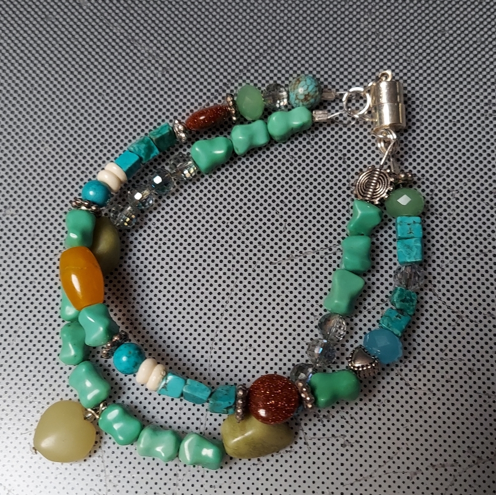 Sky and Earth bracelet green blue turquoise silver hearts bone magnetic closer